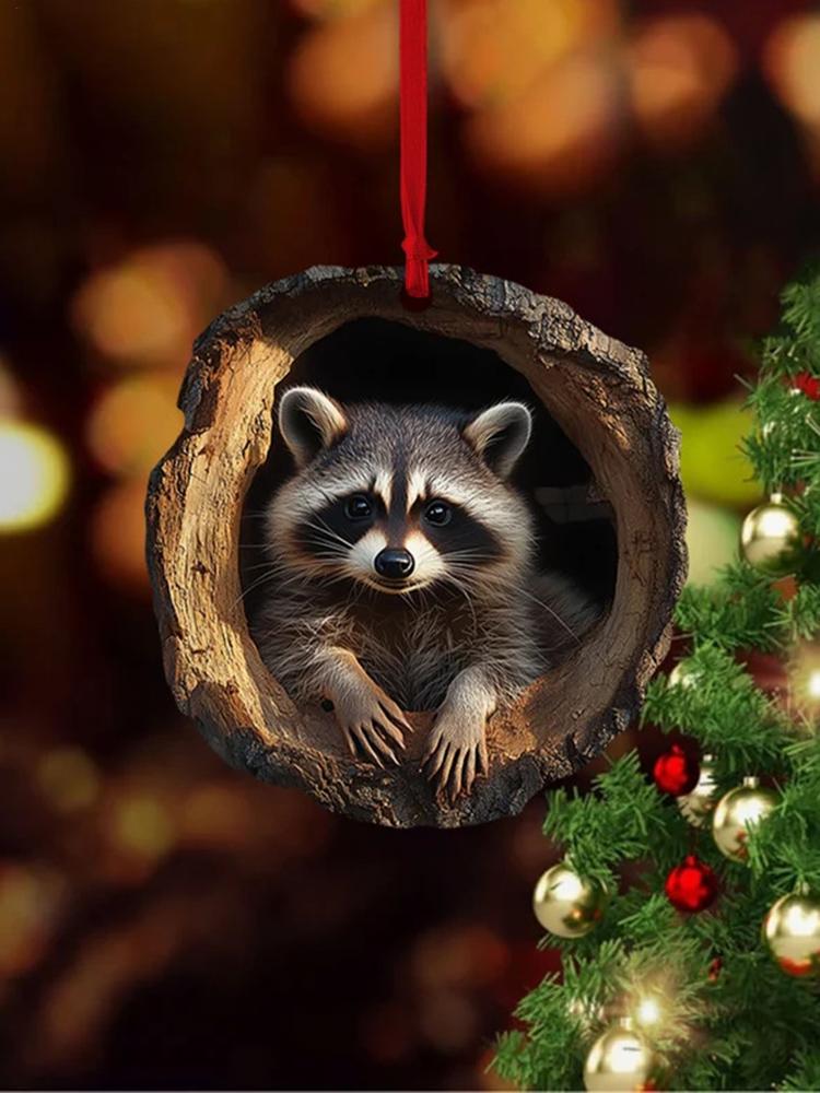 2D Acrylic Ornament Living Room Bedroom Garden Seasonal Decor Raccoon Tree Pendant Christmas Tree Animal Pattern
