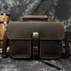 Pasta Masculina Vintage Couro Crazy Horse Duplo Compartimento Bolsa de Mão Primeira Camada Couro de Vaca Bolsa Tiracolo Bolsa para Computador de Trabalho