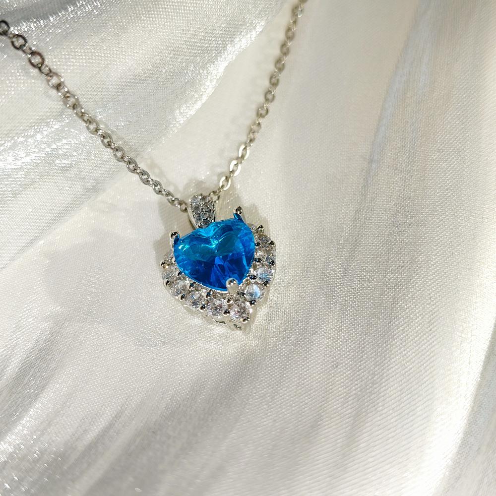 925 Sterling Silber Stilvoller Exquisiter Meeresblau Zirkon Herz Anhänger Halskette Geburtstagsparty Jubiläumsgeschenk