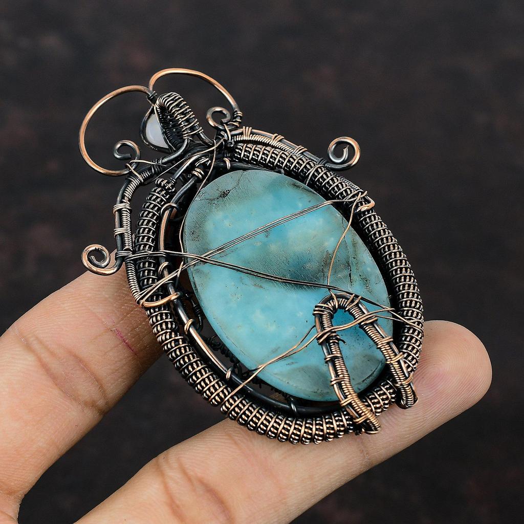 Pendentif arbre de vie en larimar, pendentif en fil de cuivre enveloppé, pendentif en pierre de lune arc-en-ciel, bijoux en cuivre pour cadeau, bijoux anciens faits à la main