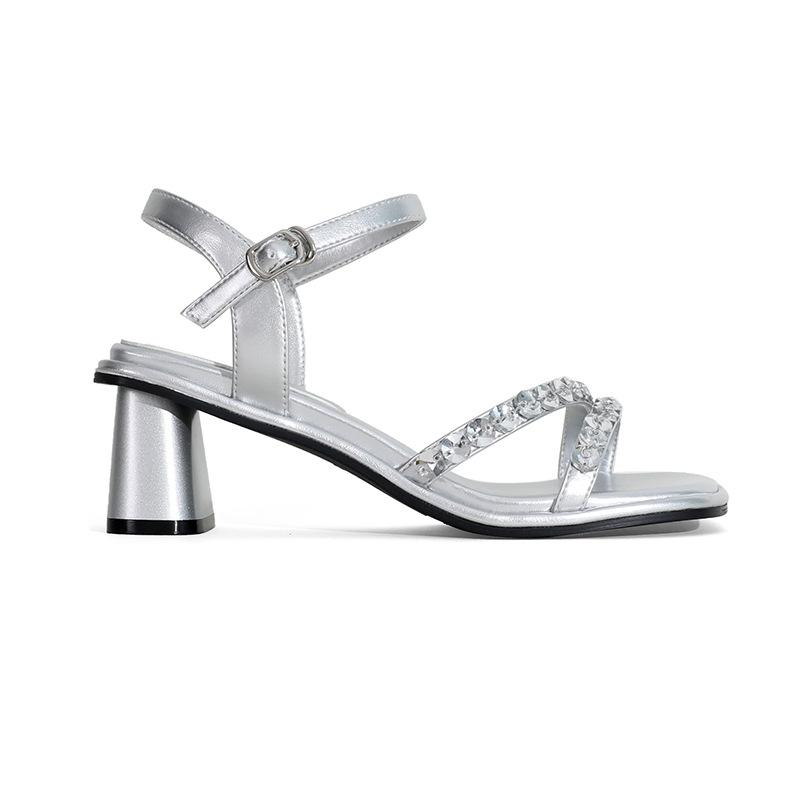 

[Dazzling Flash Diamonds]~ Advanced sense fairy style thick heel sandals temperament fashionable and versatile women s open toe one-word belt 34
