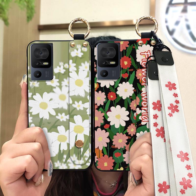 Lanyard Anti-knock Phone Case For TCL 40SE/T610K Dirt-resistant Flower Silicone Protective Ring Oil Painting Shockproof