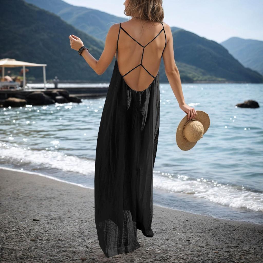 Women's Backless Strapless Dresses, Backless Loungewear Dress, Sleeveless, House Dress, Long Dress With Back Bow