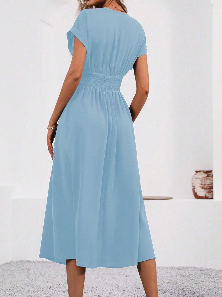 Women's Elegant Summer V-Neck Batwing Sleeve Dress with Pleated Waist