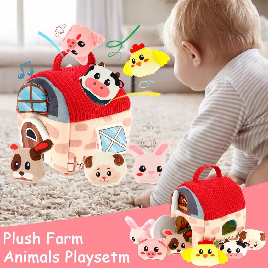 Plush Farm Animal Playset Ith Stuffed Farm Animal Portable Soft Barn Toy with Built In Mirror for 0-12 Months Baby