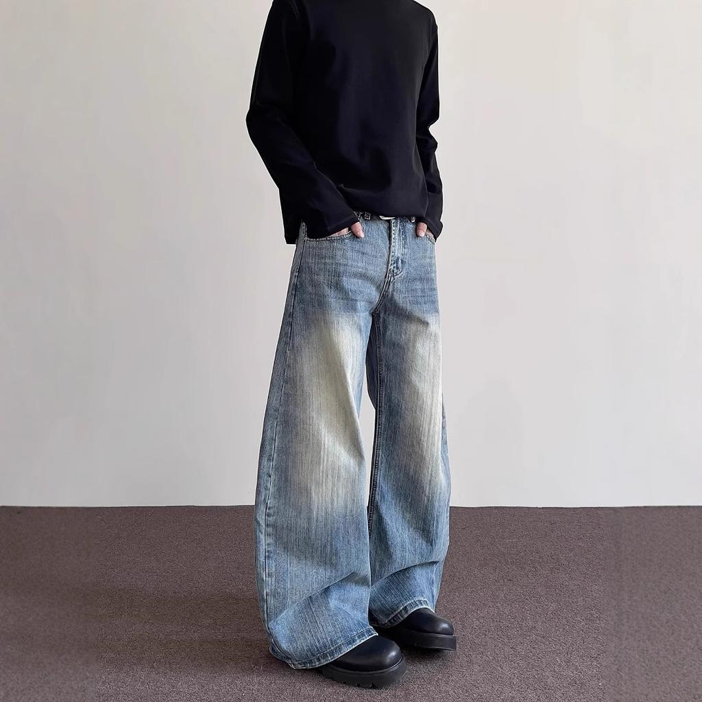 JYL Men's Flare Jeans American Niche Slub Washed Bootcut Cleanfit Loose Denim Pants