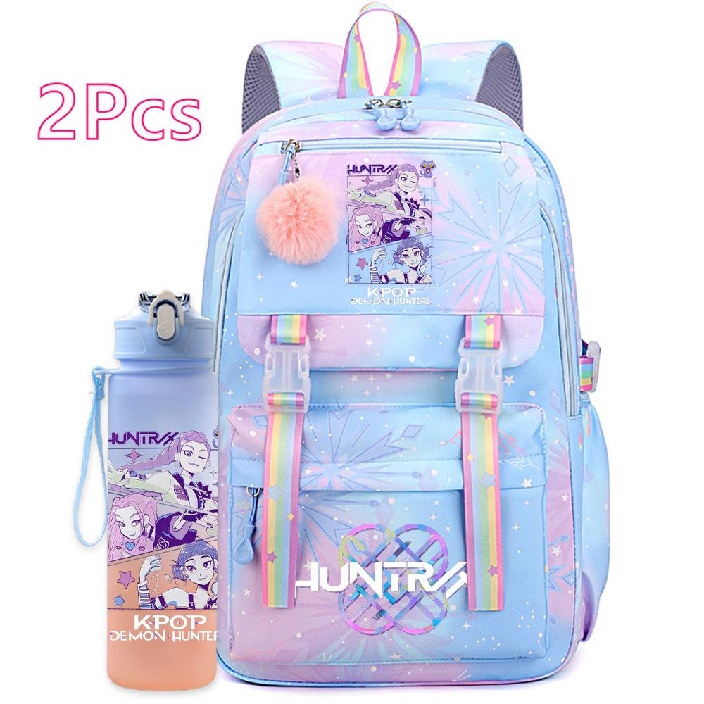 2 ks/sada Roztomilý Anime Kpop Potištěný Batoh s 750ml Lahví na Vodu Cestovní Taška s Velkou Kapacitou pro Dívku Teenagera Chlapce Školní Taška Dětský Dárek Mochila