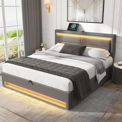 Upholstered Bed Large Storage Space LED Lighting Stable Frame Sturdy Construction with USB Ports Modern Wood Slatted Frame Upholstered Bed