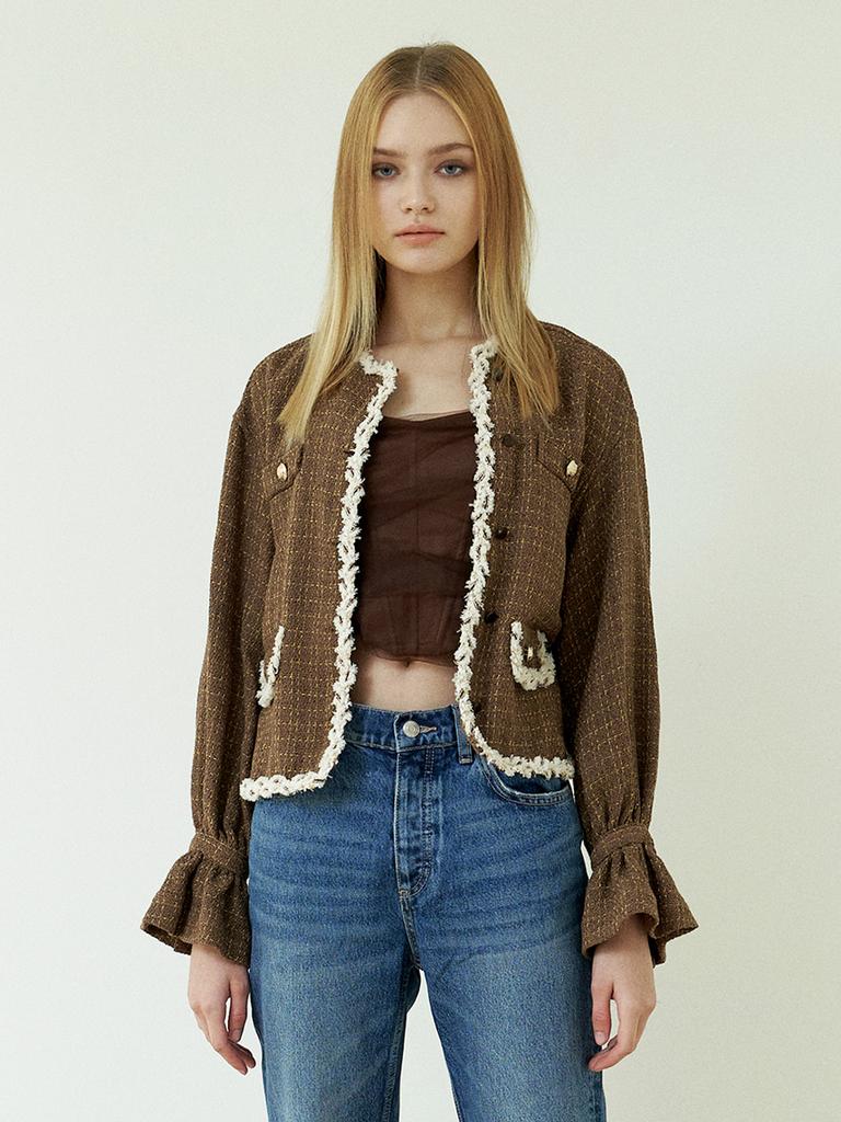 EJNOLEE Brown Tweed Check Jacket Blouse