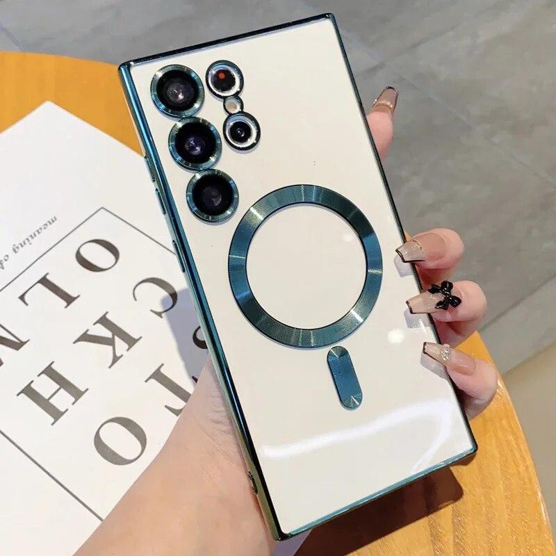 Luxury Plating Transparent For Magsafe Phone Case For Samsung Galaxy S25 S24 S23 Ultra Plus FE Wireless Charge Shockproof Cover