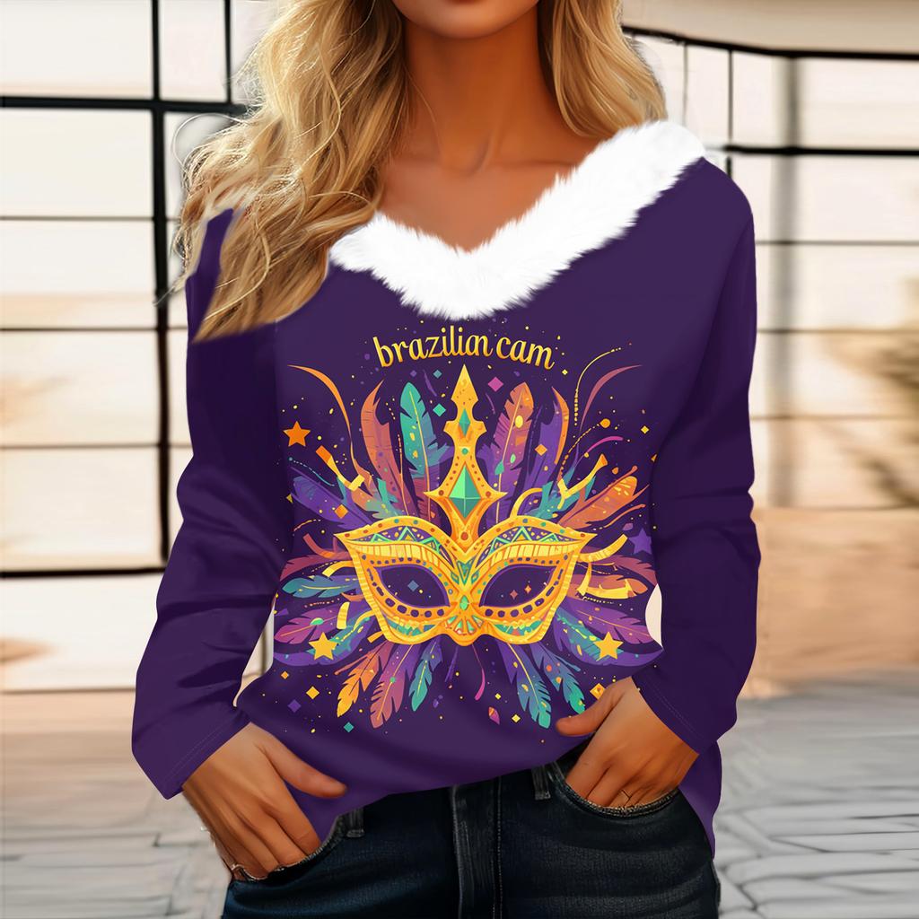 Dámský volný ležérní top s dlouhým rukávem a potiskem, plyšový límec ve tvaru V, top s dlouhým rukávem