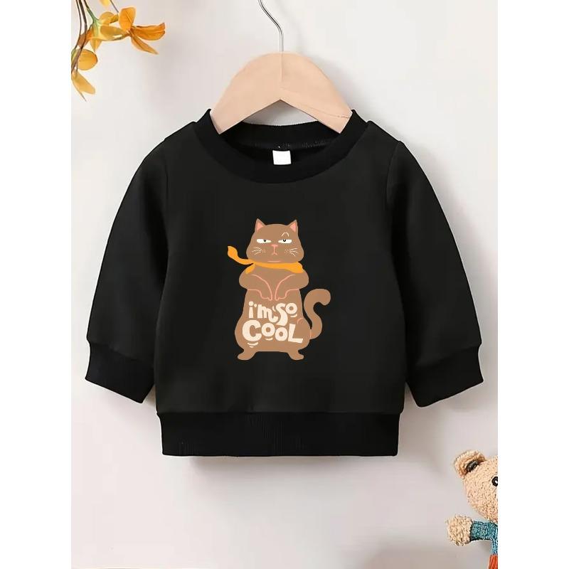 Cute Printed Cat Pattern Girls' Spring Lightweight Crew Neck Sweatshirt, Comfortable Outdoor Wear Choice for 0-3 Year Old Girls