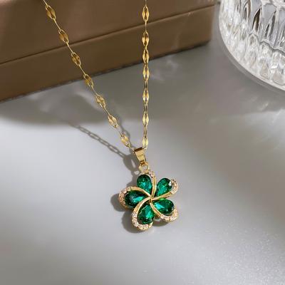 Stainless Steel Green Zircon Flowers Pendant Necklace For Women New Luxury Girls Lucky Chain Birthday Zircon Gifts