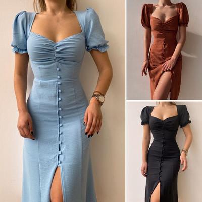 Puff Short Sleeve Shirring Single Breasted Split Hem Lady Dress Summer Solid Color Square Collar Midi Dress Streetwear