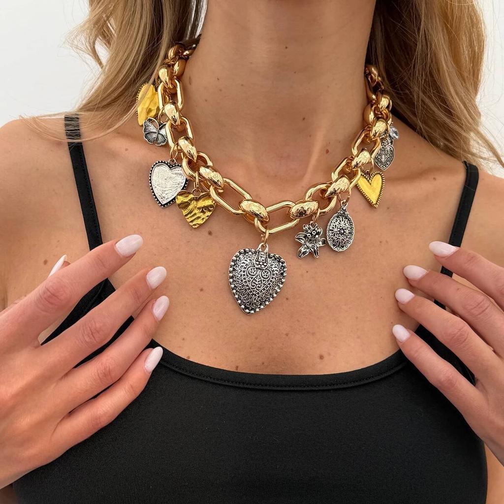 Collana girocollo a catena spessa in metallo CCB vintage Ingemark per donna con ciondolo a forma di fiore cuore amore Punk Collane Gioielli di moda Regali