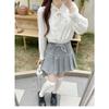 White Embroidered Earrings Lace-up Stand-up Collar Shirt for Women Spring and Autumn Chic French Retro Long-sleeved Inner Top