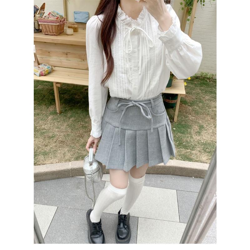 White Embroidered Earrings Lace-up Stand-up Collar Shirt for Women Spring and Autumn Chic French Retro Long-sleeved Inner Top