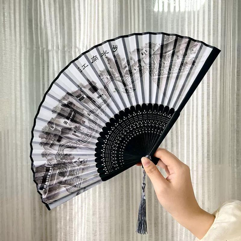 Chinese Style Folding Fan for Men, Portable, Retro Style, Classical, Traditional Hanfu, Black and Green, Bamboo Design