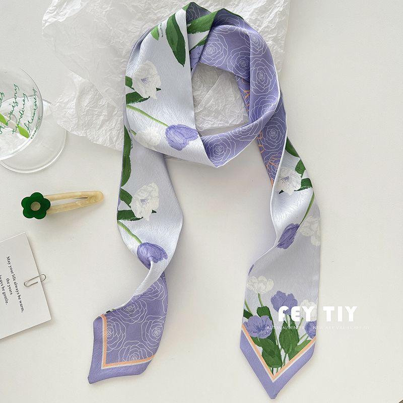Fashion Printing Silk Hair Scarf for Women Chiffon Long Ribbon Ponytail Ties Headbands