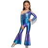Girls Pageant & Stage Romper: Metallic Shiny Off Shoulder Jumpsuit with Sequin Tassels & Bell Bottom Legs for Disco