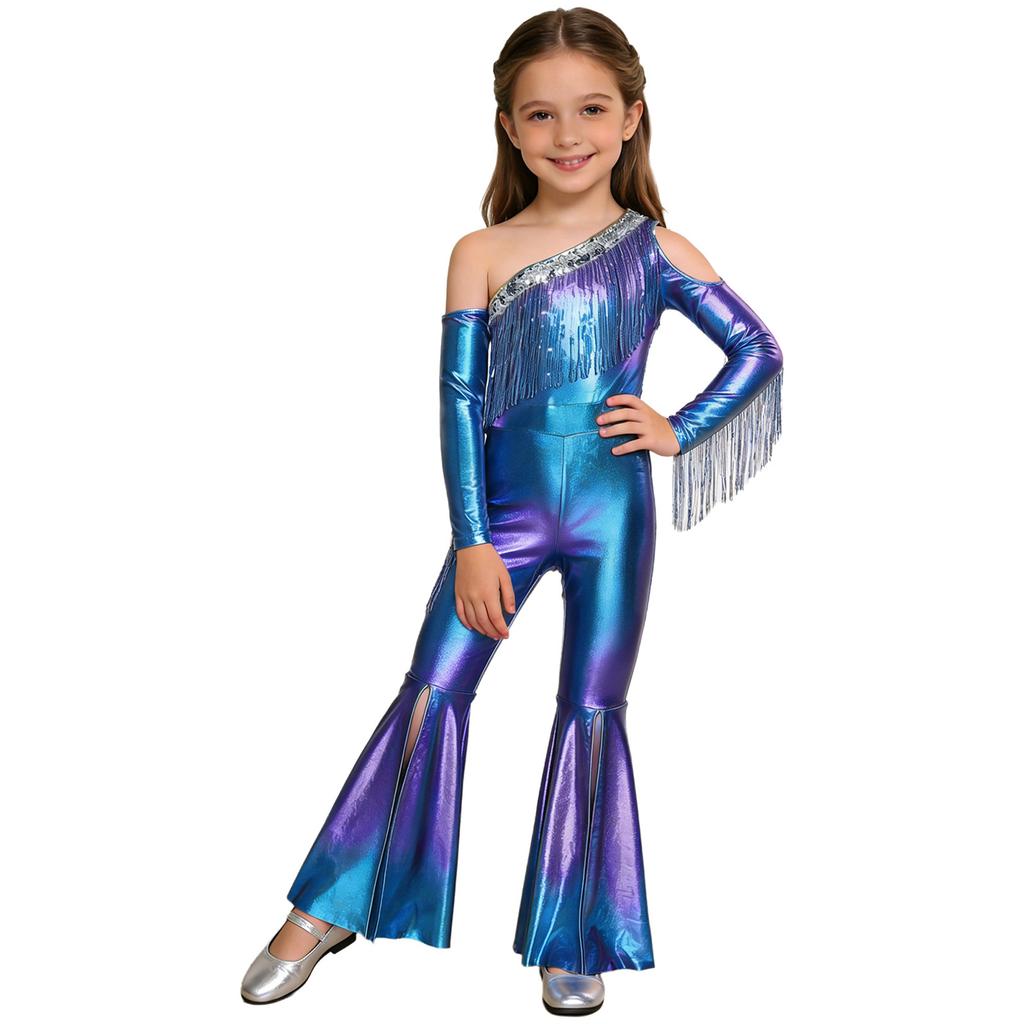 Girls Pageant & Stage Romper: Metallic Shiny Off Shoulder Jumpsuit with Sequin Tassels & Bell Bottom Legs for Disco