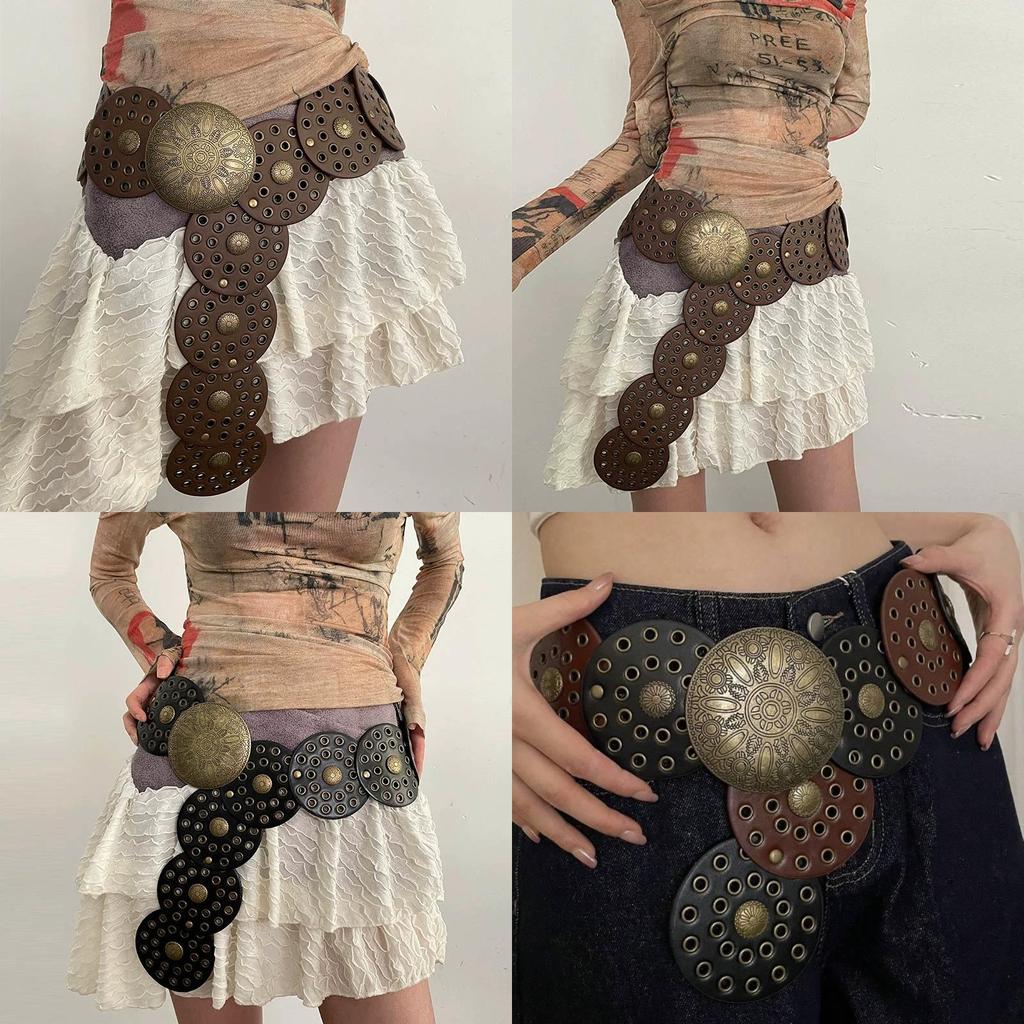 Cintura Larga in Ecopelle Stile Boho con Fibbia Metallica Circolare per Donne Moda Estiva