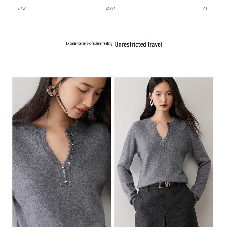 V-neck Half-Zip Multi-Button Cashmere Knit Base Layer for Autumn/Winter