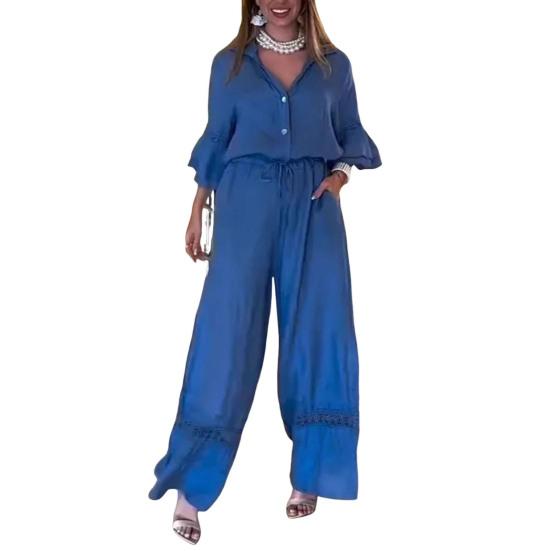 Damedresser med vide ben, knepping foran, V-hals, 3/4 volangermer, sommerlig og avslappet, snøring i midjen, heldekkende kjeledress, ettplagg