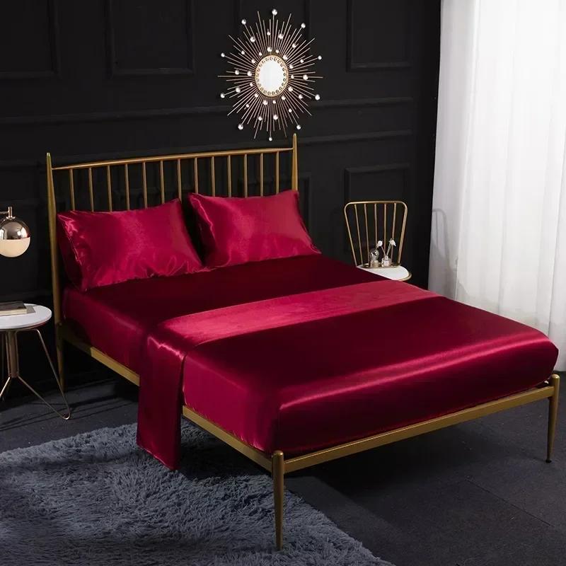 Luxury Satin Bed Sheets Set King Queen Size Fitted Sheet with Pillowcases Single Double Home Solid Color Faux Silk Bedding Set