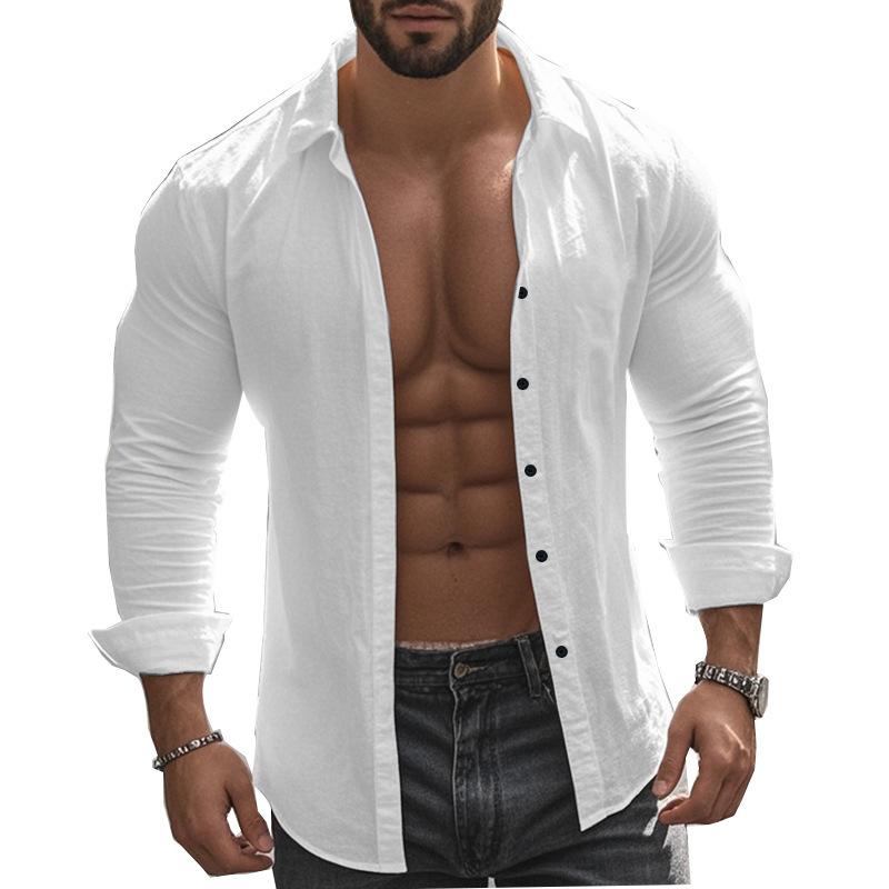 New Casual Solid-Colour Long-Sleeved Shirt Cotton Collared Button-Down Long-Sleeved Beach Shirt Top for Men