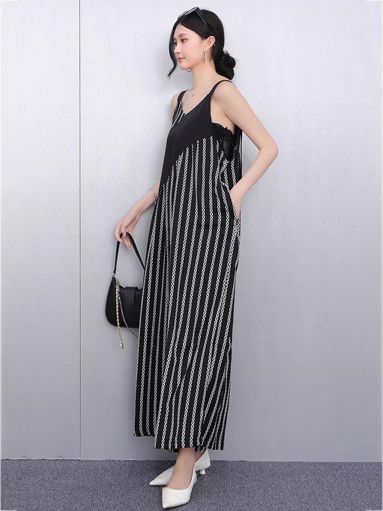 Xitao Patchwork-Streifen Weitbein-Jumpsuit GYX1555