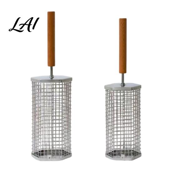 304 Stainless Steel BBQ Accessory Rolling Basket with Wooden Handle Rotating Grill S+L