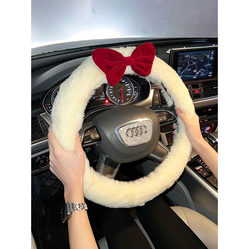 Car Steering Wheel Cover Winter Warm Plush Korean Cute Red Bow Non-Shedding Universal Handlebar Cover for Women