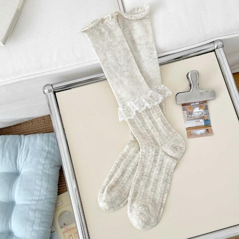 

Summer Lightweight Ankle-length Stockings for Children, White Ballet-style Long Stockings with Open Holes and Lace Trim. 1 pair бежевий