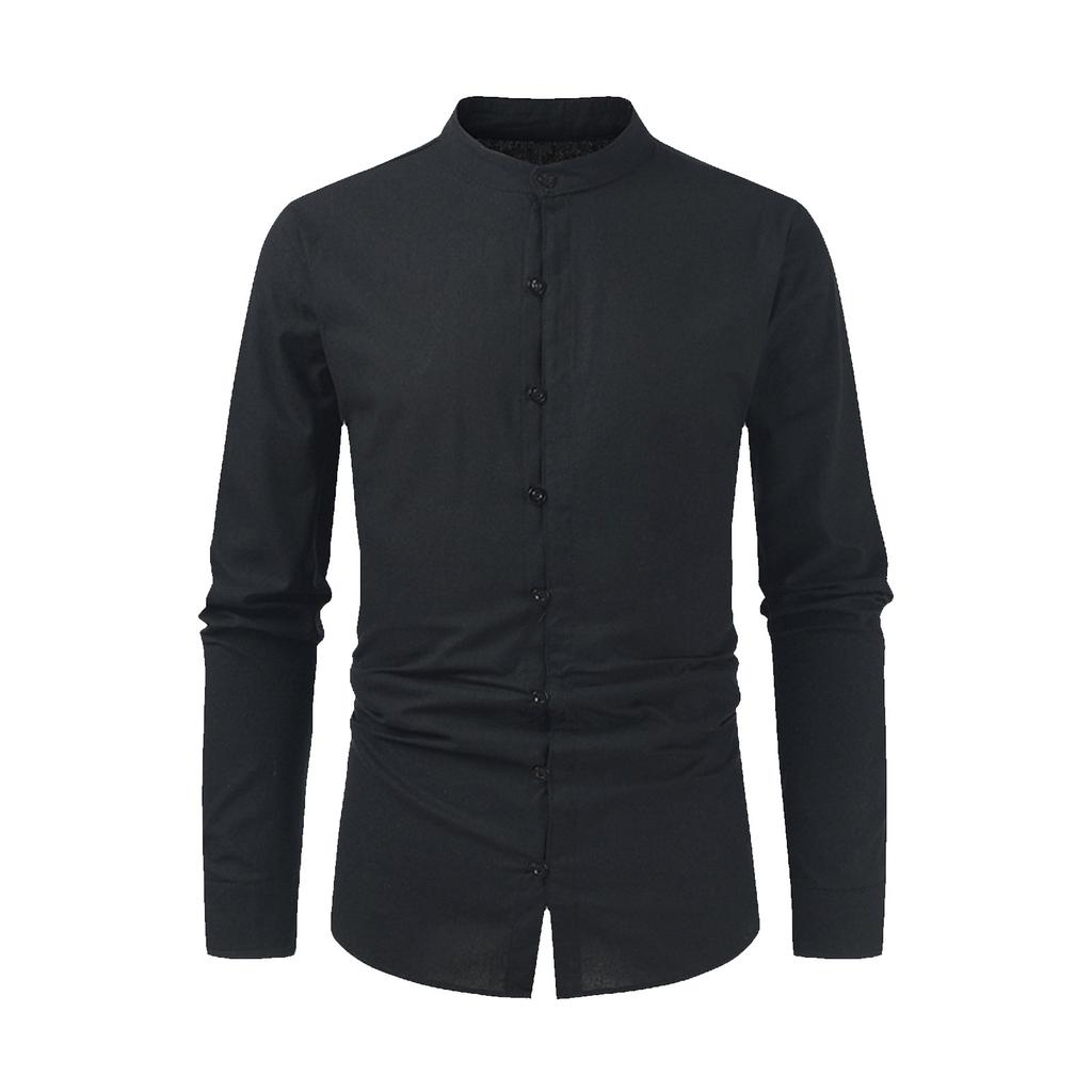 Men's Casual Fashion Long Sleeve Shirt Men's Solid Color Cotton Linen Stand Collar Button Long Sleeve Shirt