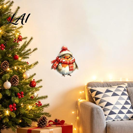 Christmas Bird Wall Decor Sticker Cute Watercolor Decals with Wreath/Scarf/Hat/Ear Warmer PVC Waterproof for Glass Window Stickers Holiday