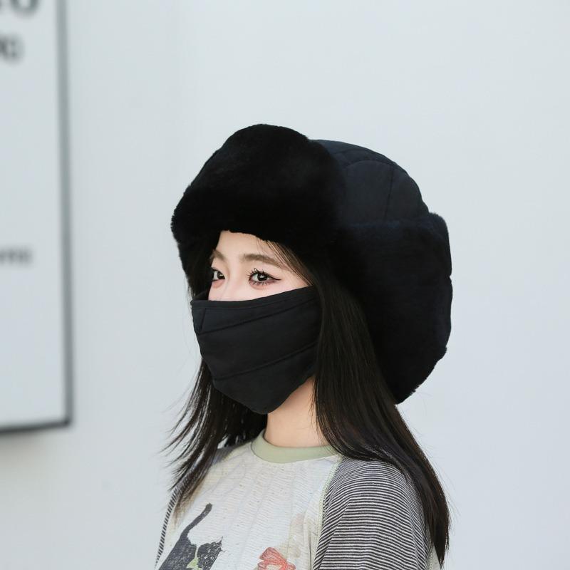 Hat Men's winter real rabbit hair cold-proof women's tide cycling warm fleece thickened cotton hat