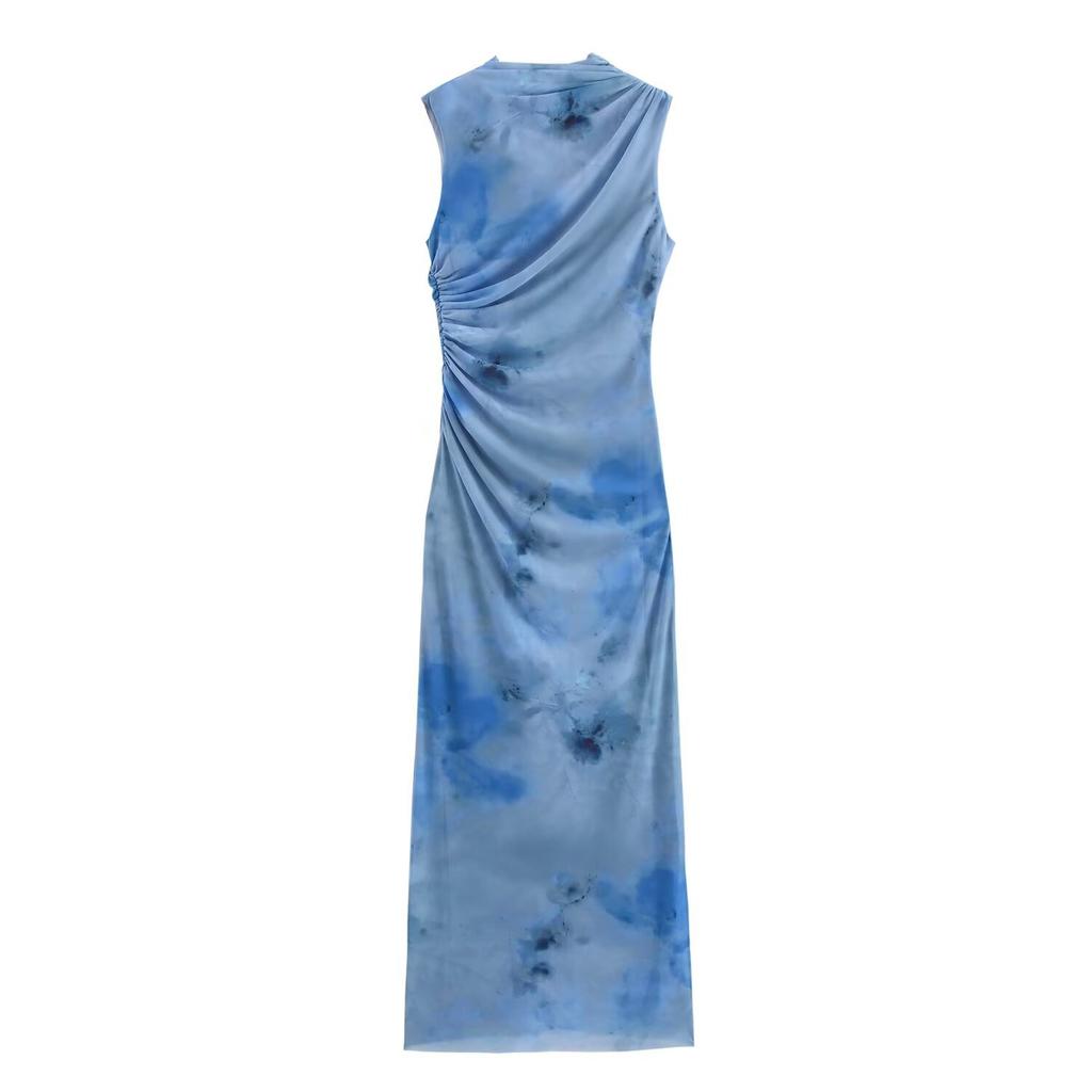 Spring new European and American style women's temperament pleated silk mesh slim-fit Midi dress