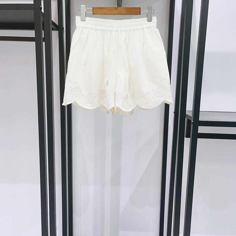 

French 2026 Spring/Summer Cream Embroidered Vine Wave Edge Flutter Sleeve Tie-Up Shirt & Shorts Set Small