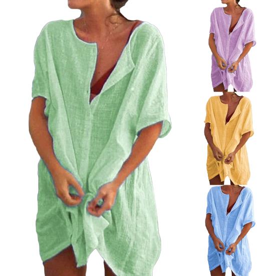 Plus Size Summer Women Solid Color Deep V Neck Short Sleeve Loose Cover Up Dress