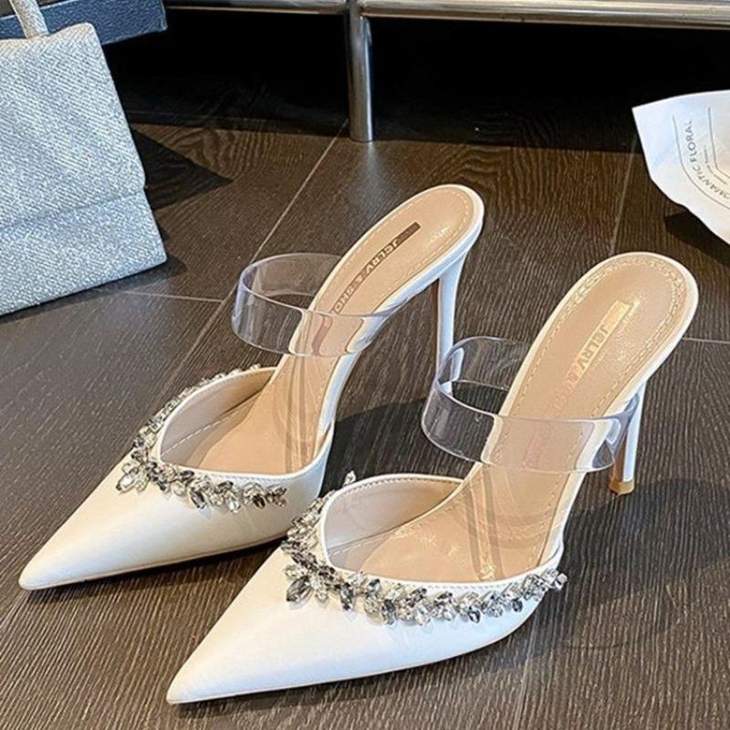 Abbigliamento da esterno 2026 Nuovi Tacchi Alti a Punta con Strass Donna Tacco Sottile Sexy Baotou Mezza Pantofola