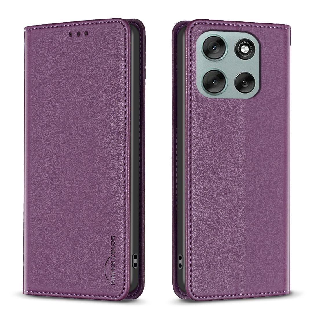 

For Motorola Moto G56 5G Leather Case BINFEN COLOR BF18 Phone Stand Cover with Card Slots Dark Purple