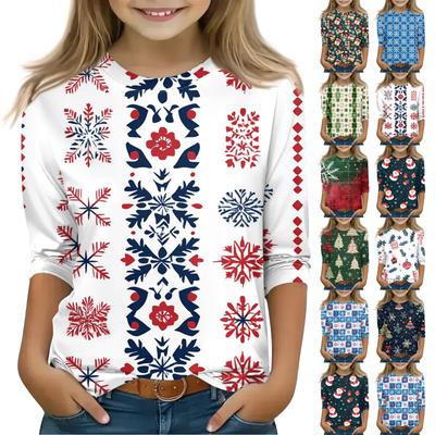 חולצות מודפסות ליום חג המולד לבנות צעירות בגילאי 5-16 צווארון עגול שרוולי 3/4 חולצות טי טופים אופנתיים חולצות להרכבת אאוטפיט