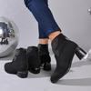 New Autumn and Winter Booties Round Toe Suede Zipper Rhinestone Bow Fashion Temperament Block Heel Women's Shoes