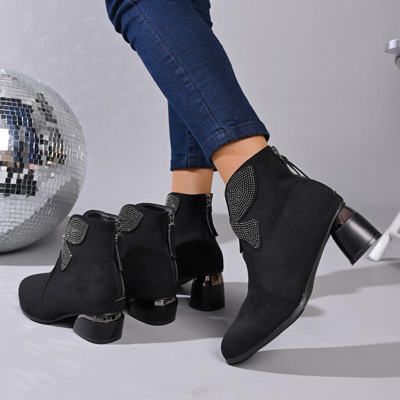 New Autumn and Winter Booties Round Toe Suede Zipper Rhinestone Bow Fashion Temperament Block Heel Women's Shoes