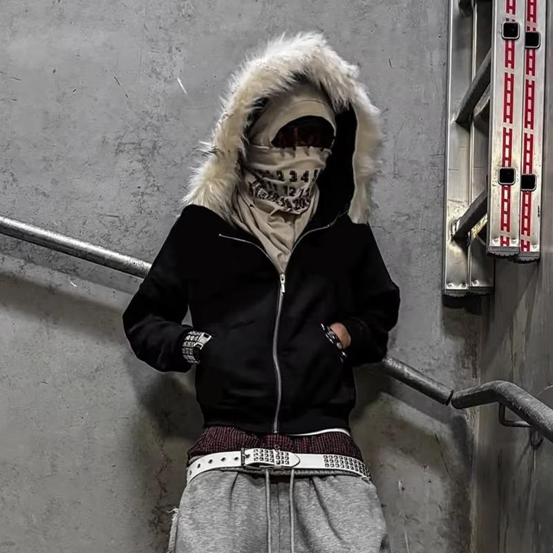 ROADVIBE Fluffy Hat Hoodie Solid Color Casual Long Sleeve Hoodie Retro Coat Street Trend Y2k