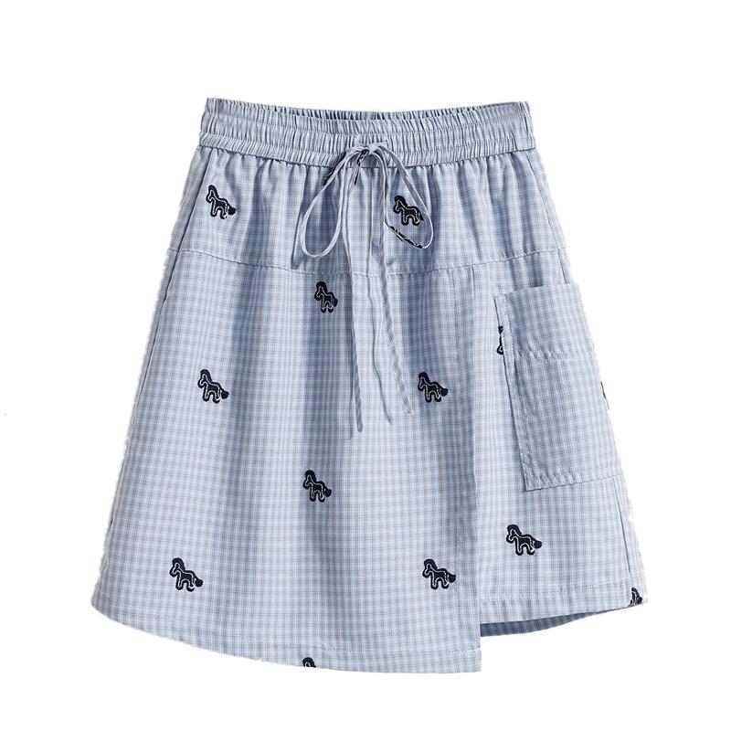DIMANAF 2026 Spring Summer Plus Size Women Skirt Pants Elastic Waist Oversize Loose Casual Shorts Cotton Print Plaid