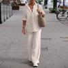 1 Set Women Summer Suit Turn-Down Collar Single-breasted Solid Color Shirt Trousers Two-piece Set Casual Wear Plus Size Cotton Linen Top Wide Leg