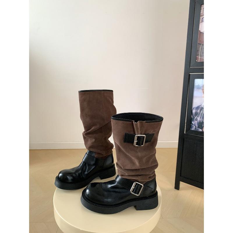 Cowhide version~ retro leather splicing boots women's pleated stacking boots small thick-soled heightening fashion boots