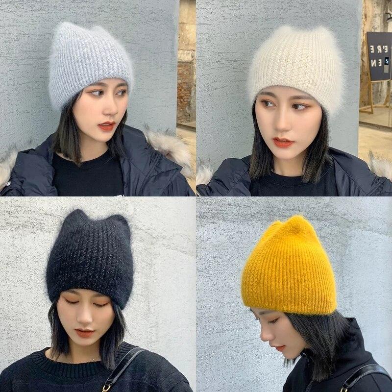 Neue Frauen Nette Katze Ohr Winter Hut Doppel-schicht Kaninchen Pelz Hut Stilvolle Weiche Beanie Hut Für Frauen Warme grils Gestrickte Hut
